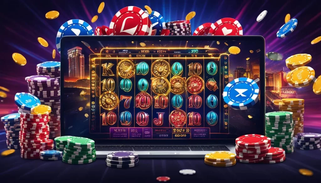 Hình ảnh minh họa các loại tiền thưởng casino khác nhau như tiền thưởng chào mừng, vòng quay miễn phí, hoàn trả tiền, với biểu tượng đại diện cho từng loại, trên nền màu cam và đen, liên quan đến cá cược trực tuyến FCB8.